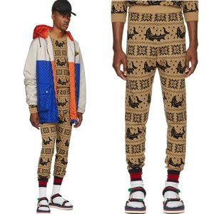 GUCCI MENS LOUNGE PANTS JACQUARD BROWN WOOL ALPACA LEGGINGS sz M / MEDIUM
